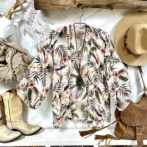 Botanical/tropical boho open front cover up w resort vacay beach vibe